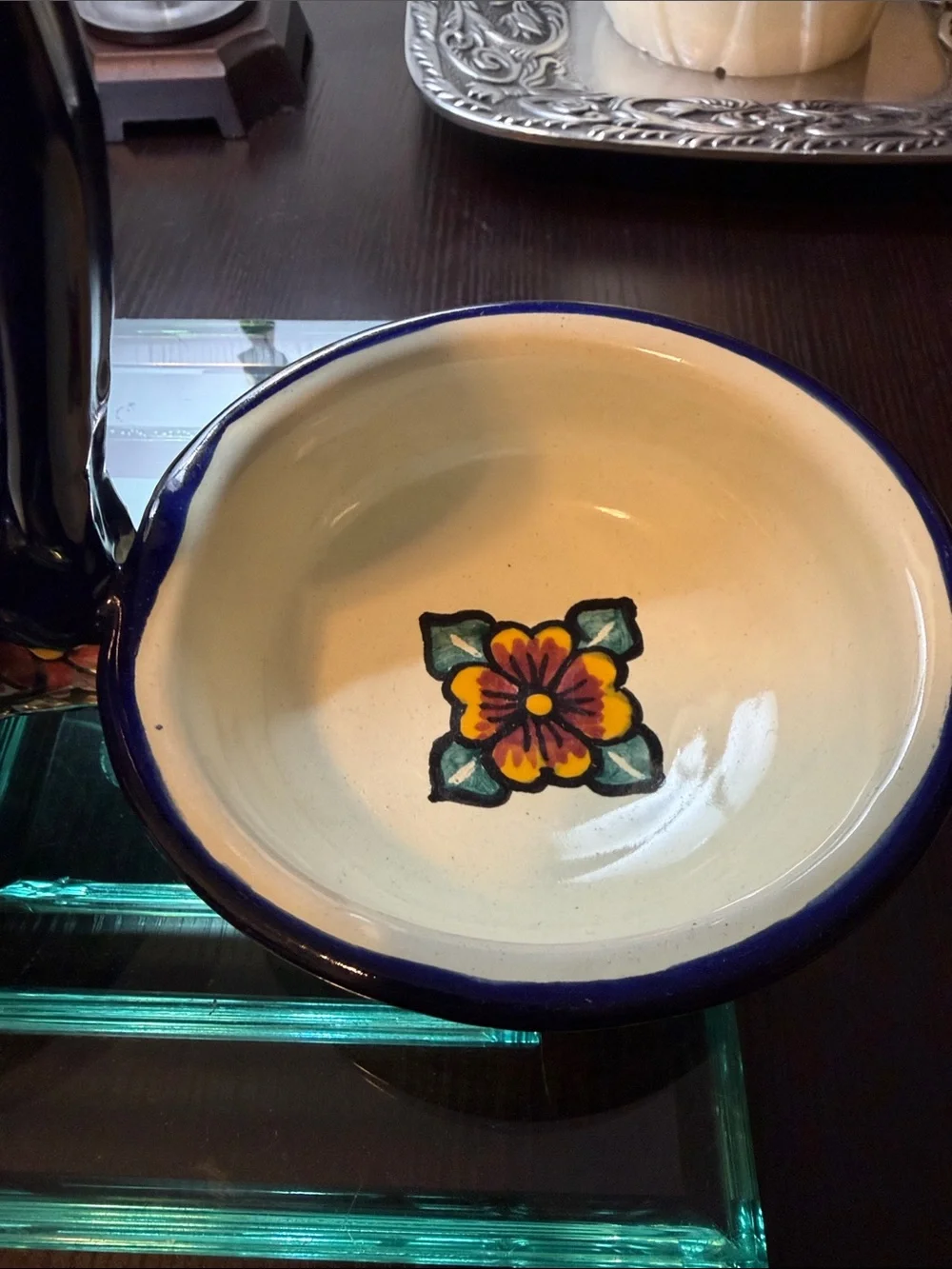 Mexican Talavera Handpainted Double Sided Salsa Bowls With Handle.